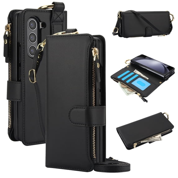 Dteck Wallet Bag Case for Samsung Galaxy Z Fold 5,Magnetic Leather Wallet Case with RFID Blocking Card Holder Multi-Function Stylish Ring Zipper Purse Cover with Shoulder Strap/Wrist Strap,Black