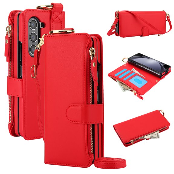 Dteck Wallet Bag Case for Samsung Galaxy Z Fold 6,Magnetic Leather Wallet Case with RFID Blocking Card Holder Multi-Function Stylish Ring Zipper Purse Cover with Shoulder Strap/Wrist Strap,Red