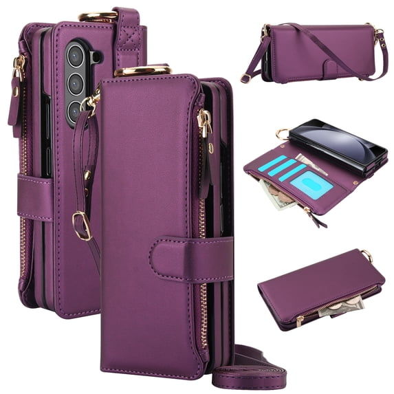 Dteck Wallet Bag Case for Samsung Galaxy Z Fold 7,Magnetic Leather Wallet Case with RFID Blocking Card Holder Multi-Function Stylish Ring Zipper Purse Cover with Shoulder Strap/Wrist Strap,Deeppurple