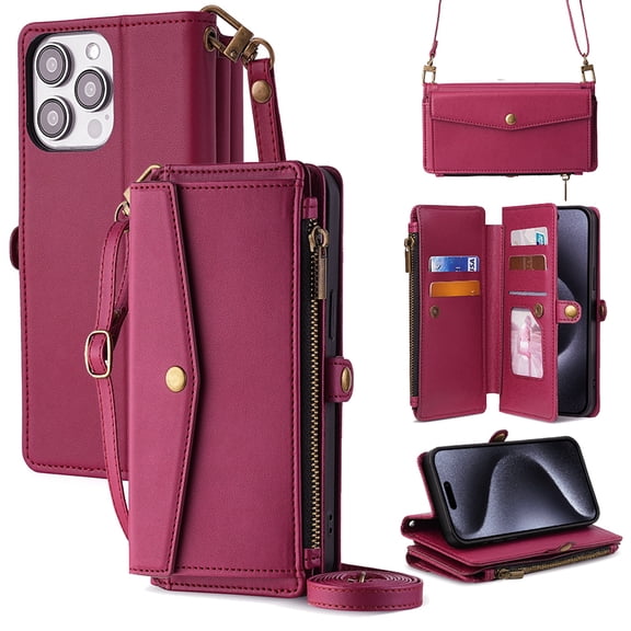 Dteck Wallet Bag Case for iPhone 12 / iPhone 12 Pro,Magnetic Leather Zipper Pocket Built-in Card Slots Case Shockproof Full Body Protective Kicktand Cover with Wrist/Shoulder Strap,Red