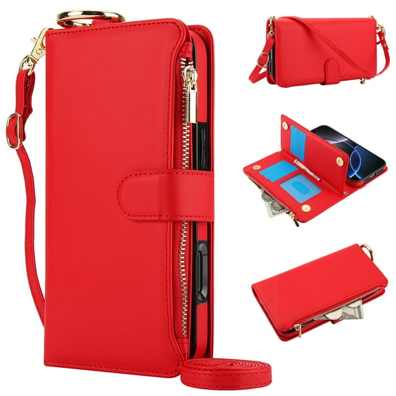 Dteck Wallet Bag Case for iPhone 13 Pro,Magnetic Leather Wallet Case with RFID Blocking Card Holder Multi-Function Stylish Ring Zipper Purse Cover with Shoulder Strap/Wrist Strap,Red