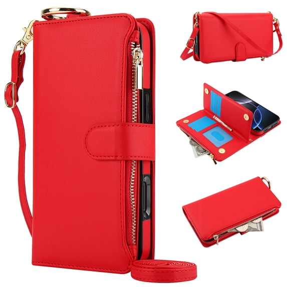 Dteck Wallet Bag Case for iPhone 14,Magnetic Leather Wallet Case with RFID Blocking Card Holder Multi-Function Stylish Ring Zipper Purse Cover with Shoulder Strap/Wrist Strap,Red