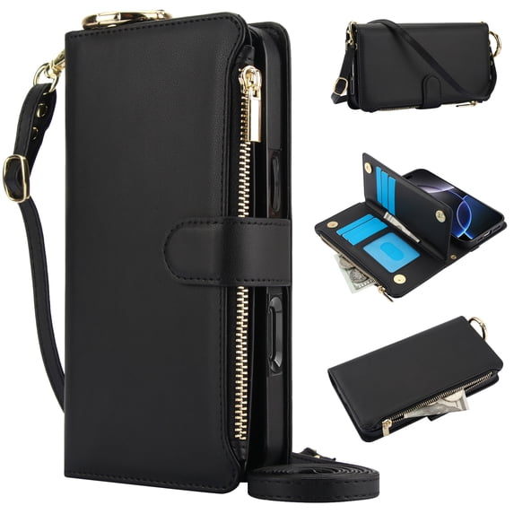 Dteck Wallet Bag Case for iPhone 14,Magnetic Leather Wallet Case with RFID Blocking Card Holder Multi-Function Stylish Ring Zipper Purse Cover with Shoulder Strap/Wrist Strap,Black