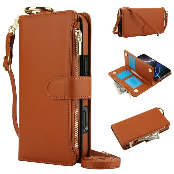 Dteck Wallet Bag Case for iPhone 14 Pro,Magnetic Leather Wallet Case with RFID Blocking Card Holder Multi-Function Stylish Ring Zipper Purse Cover with Shoulder Strap/Wrist Strap,Brown