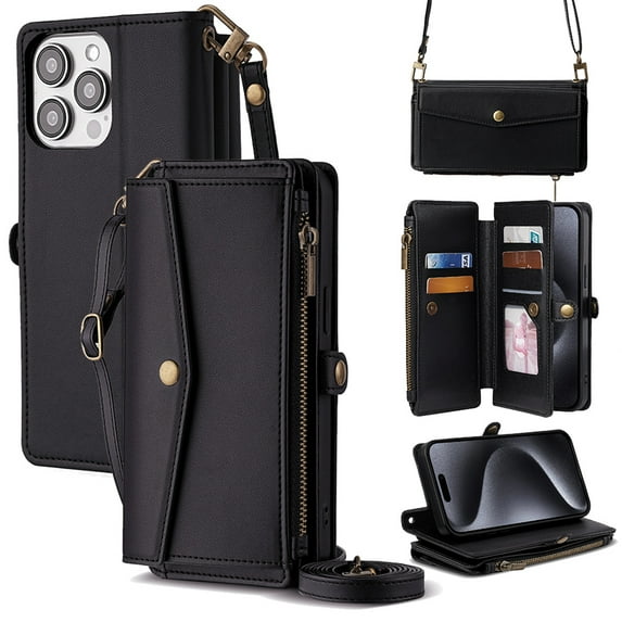 Dteck Wallet Bag Case for iPhone 15 Pro Max,Magnetic Leather Zipper Pocket Built-in Card Slots Case Shockproof Full Body Protective Kicktand Cover with Wrist/Shoulder Strap,Black