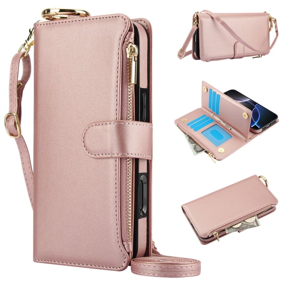 Dteck Wallet Bag Case for iPhone 16 Pro,Magnetic Leather Wallet Case with RFID Blocking Card Holder Multi-Function Stylish Ring Zipper Purse Cover with Shoulder Strap/Wrist Strap,Rosegold