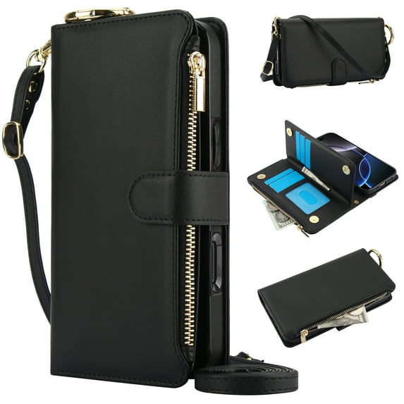 Dteck Wallet Bag Case for iPhone 7 / 8 / SE 2022 & 2020,Magnetic Leather Wallet Case with RFID Blocking Card Holder Multi-Function Stylish Ring Zipper Purse Cover with Shoulder Strap/Wrist Strap,Black