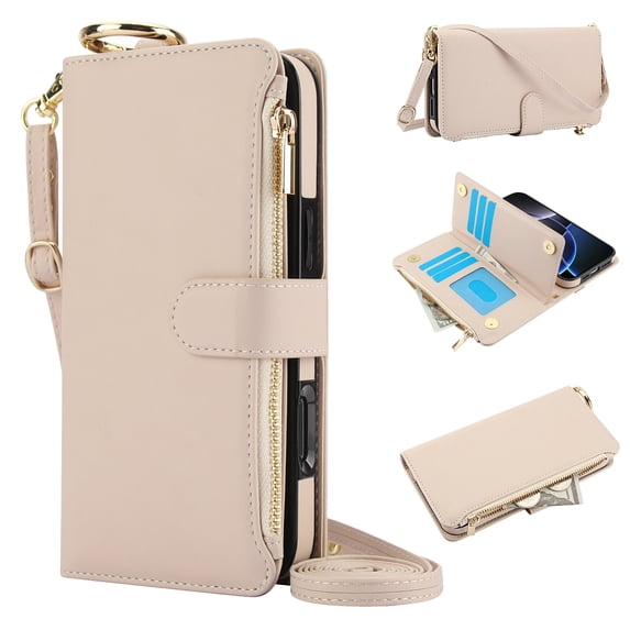 Dteck Wallet Bag Case for iPhone 7 / 8 / SE 2022 & 2020,Magnetic Leather Wallet Case with RFID Blocking Card Holder Multi-Function Stylish Ring Zipper Purse Cover with Shoulder Strap/Wrist Strap,White