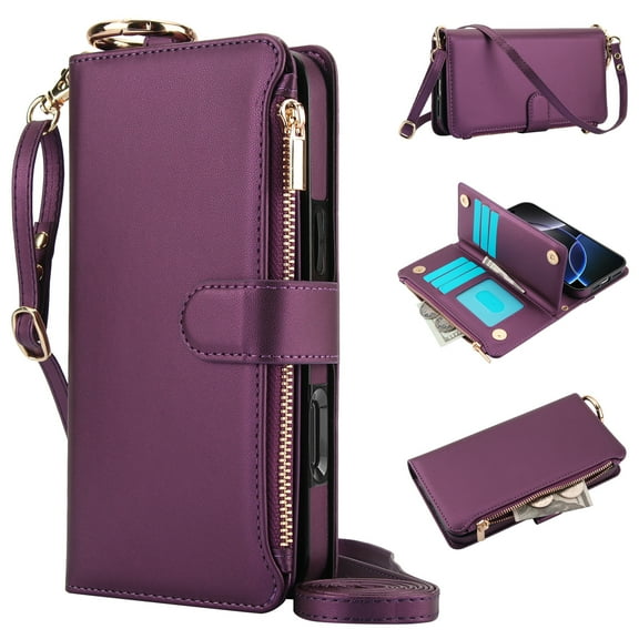 Dteck Wallet Bag Case for iPhone 8 Plus/7 Plus,Magnetic Leather Wallet Case with RFID Blocking Card Holder Multi-Function Stylish Ring Zipper Purse Cover with Shoulder Strap/Wrist Strap,Deeppurple