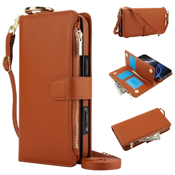 Dteck Wallet Bag Case for iPhone XR,Magnetic Leather Wallet Case with RFID Blocking Card Holder Multi-Function Stylish Ring Zipper Purse Cover with Shoulder Strap/Wrist Strap,Brown