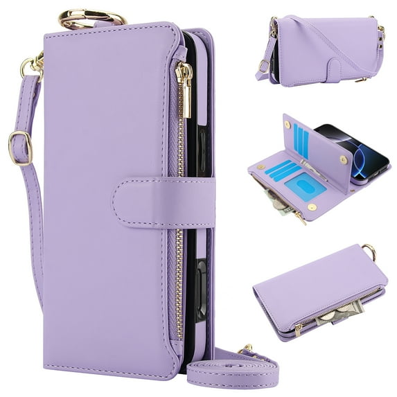 Dteck Wallet Bag Case for iPhone XS Max,Magnetic Leather Wallet Case with RFID Blocking Card Holder Multi-Function Stylish Ring Zipper Purse Cover with Shoulder Strap/Wrist Strap,Violet