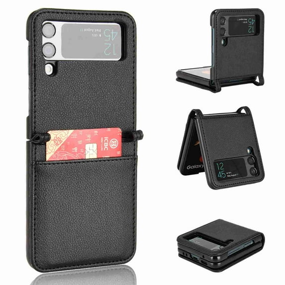 Dteck Wallet Card Holder Case for Samsung Galaxy Z Flip 4 5G, Shockproof Premium Leather Stand Protective Slim Fit Case for Women Men, Black
