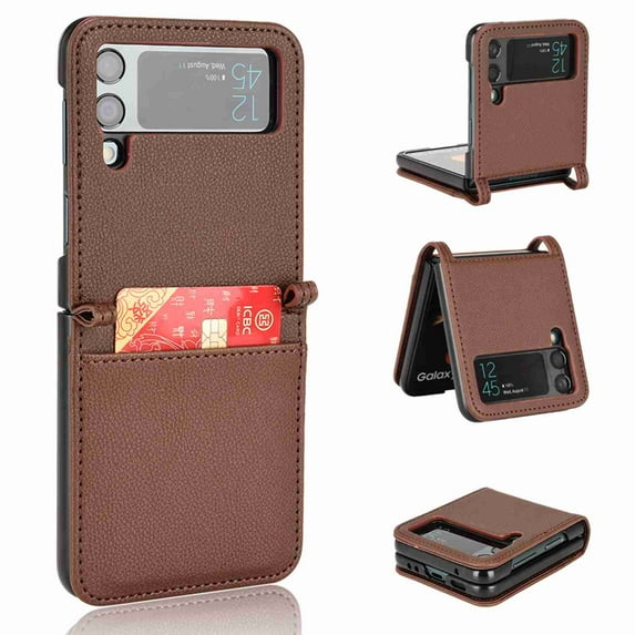 Dteck Wallet Card Holder Case for Samsung Galaxy Z Flip 4 5G, Shockproof Premium Leather Stand Protective Slim Fit Case for Women Men, Brown