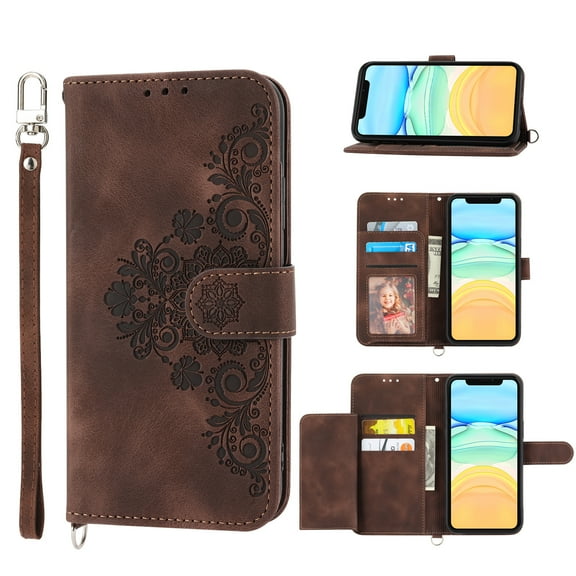 Dteck Wallet Case for Apple iPhone 13 Pro Embossed PU Leather Cover Removable Adjustable Shoulder Neck Strap Lanyard Phone Case with Card Holder, brown