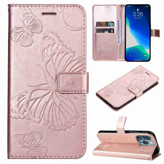 Dteck Wallet Case for Apple iPhone 14 Pro Max, for Women with Card Holder Butterfly Embossed Flip Kickstand PU Leather Magnetic Protective Cover with Lanyard, Rosegold