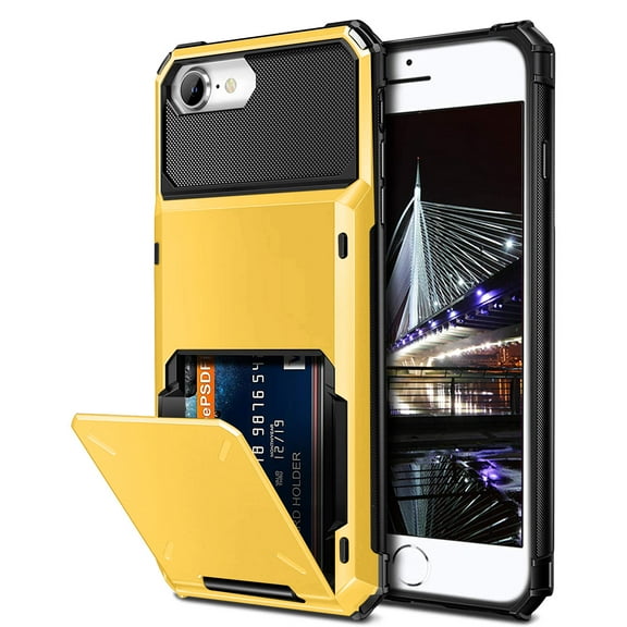 Dteck Wallet Case for Apple iPhone SE 2022 & 2020 / iPhone 7 / iPhone 8, Credit Card Holder ID Slot Pocket Dual Layer Protective Bumper Rugged TPU Rubber Armor Hard Shell Cover, Yellow