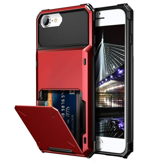 Dteck Wallet Case for Apple iPhone SE 2022 & 2020 / iPhone 7 / iPhone 8, Credit Card Holder ID Slot Pocket Dual Layer Protective Bumper Rugged TPU Rubber Armor Hard Shell Cover, Red