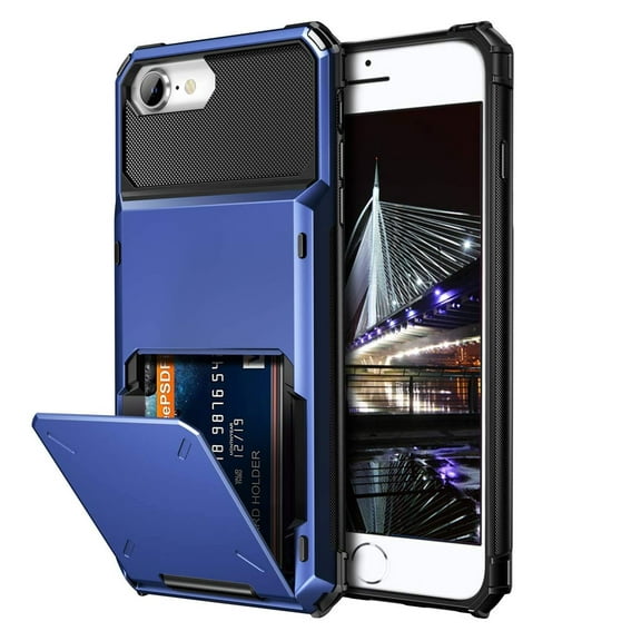 Dteck Wallet Case for Apple iPhone SE 2022 & 2020 / iPhone 7 / iPhone 8, Credit Card Holder ID Slot Pocket Dual Layer Protective Bumper Rugged TPU Rubber Armor Hard Shell Cover, Blue