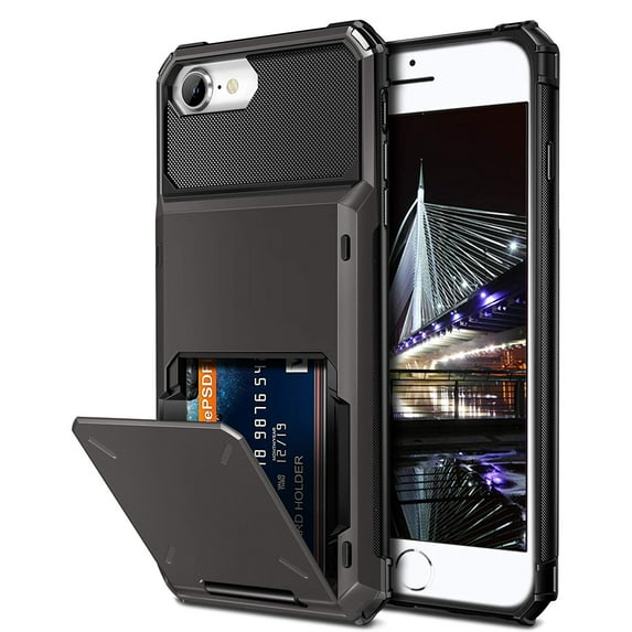 Dteck Wallet Case for Apple iPhone SE 2022 & 2020 / iPhone 7 / iPhone 8, Credit Card Holder ID Slot Pocket Dual Layer Protective Bumper Rugged TPU Rubber Armor Hard Shell Cover, Gray