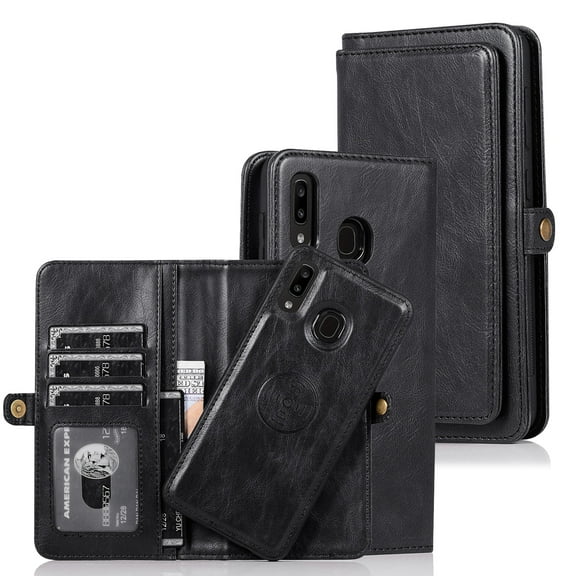 Dteck Wallet Case Compatible with Samsung Galaxy A30 / A20, [7 Card Slots] PU Leather Credit Holder Folio Flip [Detachable][Kickstand] Magnetic Phone Cover & Lanyard For Galaxy A20 / A30, Black