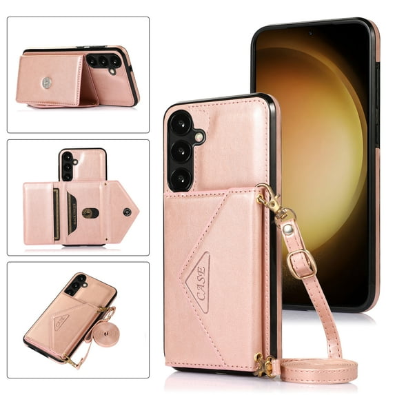 Dteck Wallet Case Compatible with Samsung Galaxy S23 FE,Crossbody Leather Case with Credit Card Holder and Strap Magnetic Flip PU Kickstand Shockproof Protective Shell Cover,Rosegold