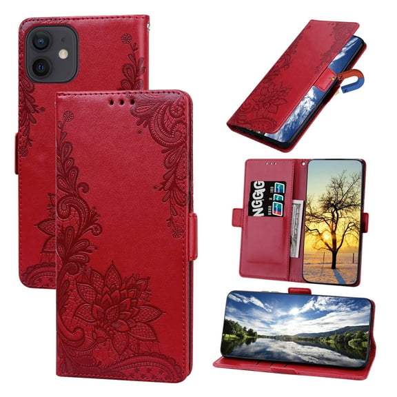 Dteck Wallet Case Compatible with iPhone 12/12 Pro, PU Leather Case with Three Card Slots Carrying Flip Cover & Stand Holder 360 Full Protection Luxury Embossed Flower Cover for Girls & Women, Red