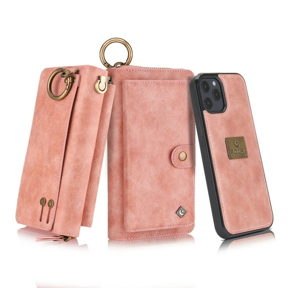 Dteck Wallet Case Compatible with iPhone 12 / iPhone 12 Pro 6.1 inch, 2 in 1 Leather Zipper Purse Large Capacity 14 Card Slots Detachable Magnetic Phone Cover with Wrist Band, Pink