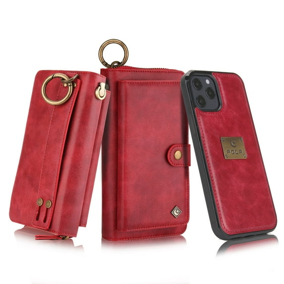 Dteck Wallet Case Compatible with iPhone 12 / iPhone 12 Pro 6.1 inch, 2 in 1 Leather Zipper Purse Large Capacity 14 Card Slots Detachable Magnetic Phone Cover with Wrist Band, Red