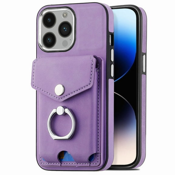 Dteck Wallet Case Compatible with iPhone 15 Plus,Case with Card Holder Skin-Friendly PU Leather Cover with Rotating Ring Kickstand Protective Bumper for iPhone 15 Plus,Purple
