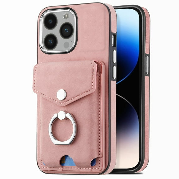 Dteck Wallet Case Compatible with iPhone 15 Plus,Case with Card Holder Skin-Friendly PU Leather Cover with Rotating Ring Kickstand Protective Bumper for iPhone 15 Plus,Pink