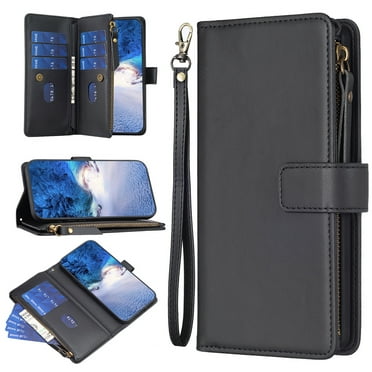 Dteck Wallet Case Compatible with iPhone 15 Pro,Magnetic Leather 9 Card Slots Kickstand Zipper Cash Pocket Shockproof Full Body Protection Cover with Wrist Strap for iPhone 15 Pro, Black