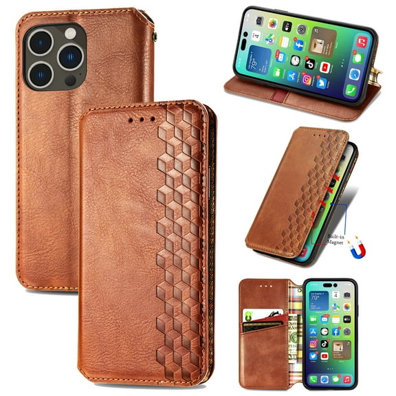 Dteck Wallet Case For Apple iPhone 16, Premium PU Leather Flip Folio Case RFID Blocking Card Slots Magnetic Closure and Stand Case, Brown