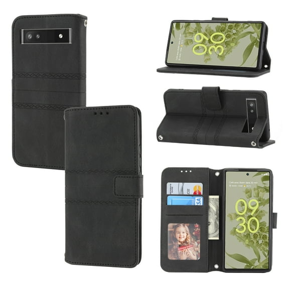 Dteck Wallet Case For Google Pixel 6A,Card Slot Holder Detachable Wrist Strap Full Body Protector Shockproof Case Cover,Black