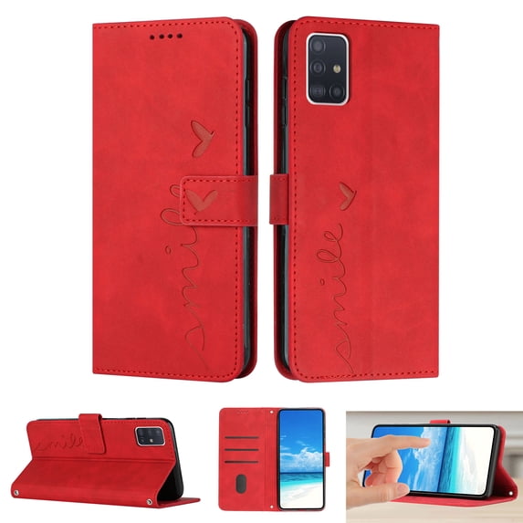 Dteck Wallet Case For Samsung A51 Case 5G, Embossed Pattern PU Leather Cover with Credit Card Holder, Magnetic Clasps Kickstand Flip Wrist Strap Cover for Samsung Galaxy A51 5G,Red