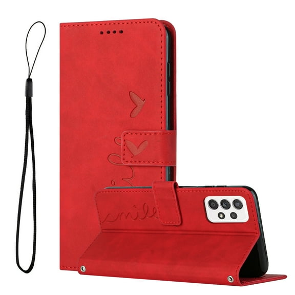 Dteck Wallet Case For Samsung A52 Case, Embossed Pattern PU Leather Cover with Credit Card Holder, Magnetic Clasps Kickstand Flip Wrist Strap Cover for Samsung Galaxy A52 5G/4G,Red