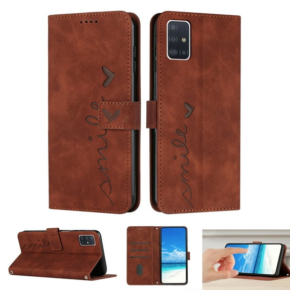Dteck Wallet Case For Samsung A71 Case 5G, Embossed Pattern PU Leather Cover with Credit Card Holder, Magnetic Clasps Kickstand Flip Wrist Strap Cover for Samsung Galaxy A71 5G, Brown