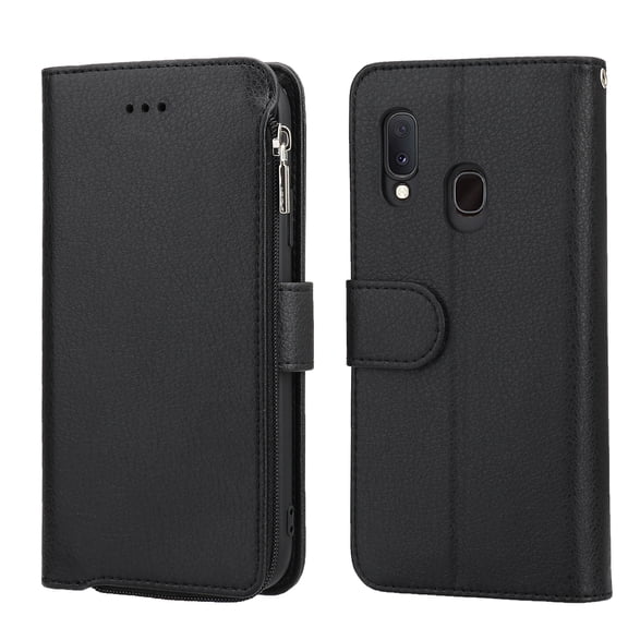 Dteck Wallet Case For Samsung Galaxy A20E 5.8 inch 2019, [Kickstand Feature] [Zipper Purse] PU Leather Wallet Case Flip Folio Cover with [Card Slots][Wrist Strap],Black