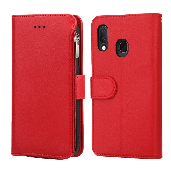 Dteck Wallet Case For Samsung Galaxy A20E 5.8 inch 2019, [Kickstand Feature] [Zipper Purse] PU Leather Wallet Case Flip Folio Cover with [Card Slots][Wrist Strap], Red