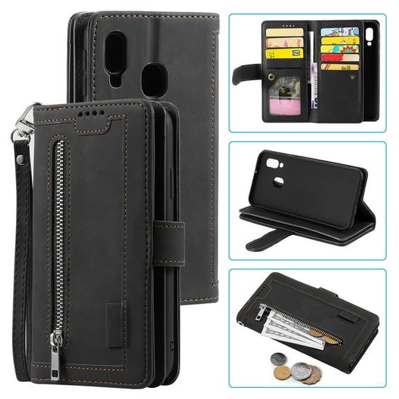 Dteck Wallet Case For Samsung Galaxy A20E, Matte PU Leather Case Built-in 9 Card Slots Zipper Purse Flip Cover With Hand Strap, Black