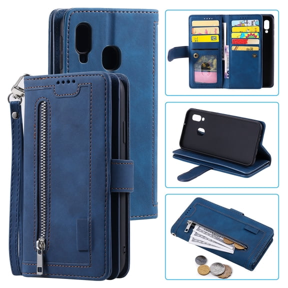Dteck Wallet Case For Samsung Galaxy A20E, Matte PU Leather Case Built-in 9 Card Slots Zipper Purse Flip Cover With Hand Strap, Blue