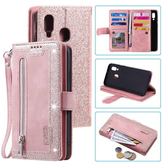 Dteck Wallet Case For Samsung Galaxy A20E, Matte PU Leather Case Built-in 9 Card Slots Zipper Purse Flip Cover With Hand Strap, Rosegold