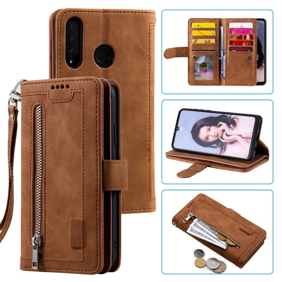 Dteck Wallet Case For Samsung Galaxy A30 / Galaxy A20, Matte PU Leather Case Built-in 9 Card Slots Zipper Purse Flip Cover With Hand Strap, Brown