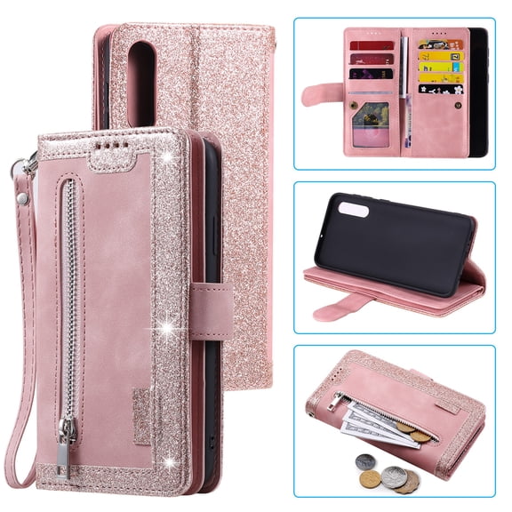 Dteck Wallet Case For Samsung Galaxy A50, Matte PU Leather Case Built-in 9 Card Slots Zipper Purse Flip Cover With Hand Strap, Rosegold