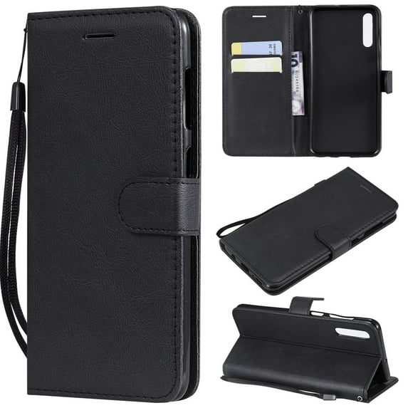 Dteck Wallet Case For Samsung Galaxy A50, Pure Color Slim PU Leather Flip Stand Cover Built-in Card Holder / Money Pocket Case With Hand Strap, Black