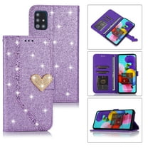 Dteck Wallet Case For Samsung Galaxy A51 (4G), Luxury Glitter Bling PU Leatether Credit Card Holder Wallet Case with Hand Strap, Purple