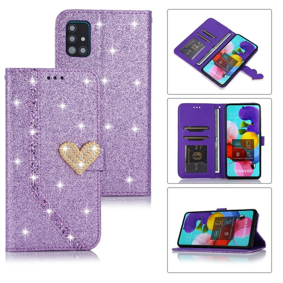 Dteck Wallet Case For Samsung Galaxy A71 (4G), Luxury Glitter Bling PU Leatether Credit Card Holder Wallet Case with Hand Strap, Purple