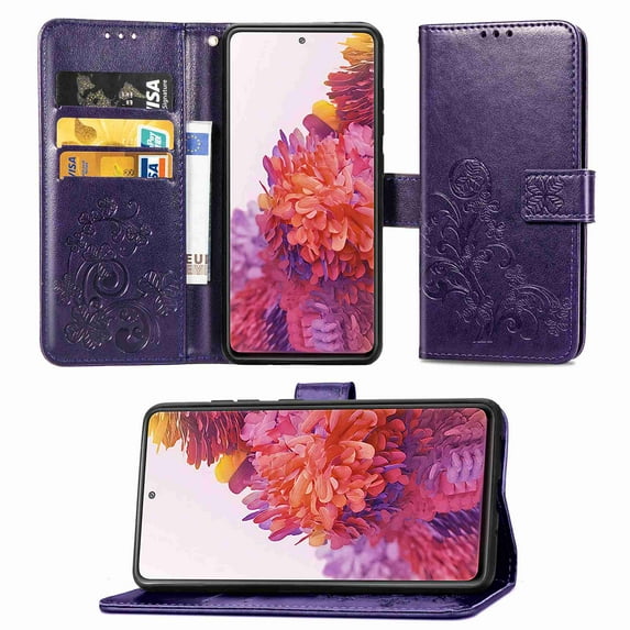 Dteck Wallet Case For Samsung Galaxy S20 FE 5G & 4G, Flip Folio Case Kickstand Card Slots Embossed Four-leaf Clover PU Leather Wallet Shockproof TPU Bumper Ultral Slim Cover - Purple