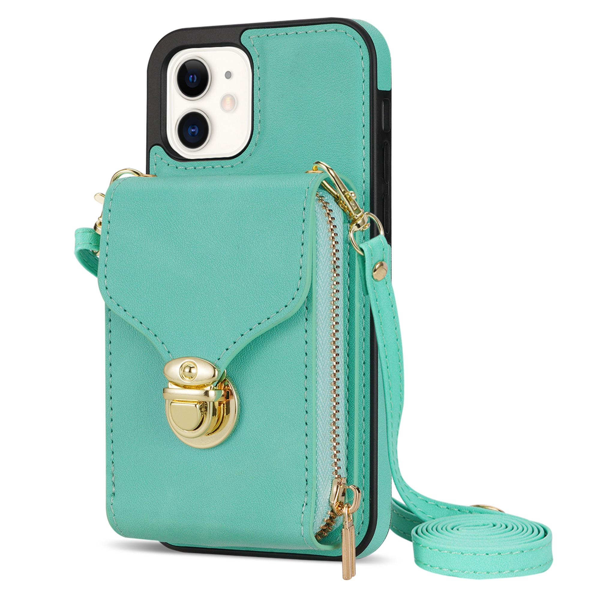 Dteck Wallet Case For iPhone 11, Crossbody Zipper Wallet Case with Credit Card Holder Slot Purse Leather Protective Case Cover For Apple iPhone 11 6.1 inch 2019, Mint - image 1 of 7