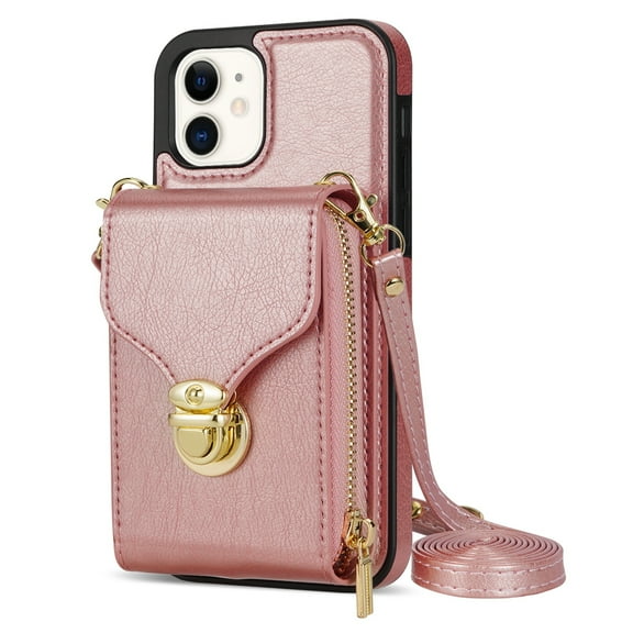 Dteck Wallet Case For iPhone 11, Crossbody Zipper Wallet Case with Credit Card Holder Slot Purse Leather Protective Case Cover For Apple iPhone 11 6.1 inch 2019, Rosegold