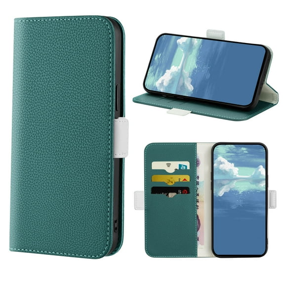 Dteck Wallet Case For iPhone 14 Pro 6.1 inch,Luxury Candy Color Lychee Pattern PU Leather Shockproof Soft TPU Magnetic Flip Card Slots Stand Full Body Protection Phone Cover.For iPhone 14 Pro,Green